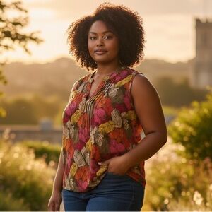Liz & Me 2X Shirt Pleated Yellow Orange Brown Leaf Print Pullover Sleeveless